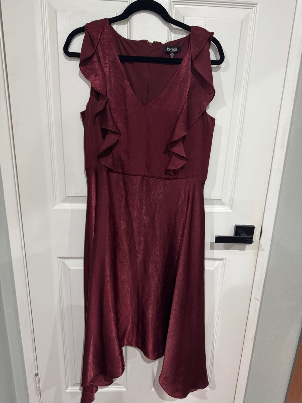 Kensie Wine Red Ruffle High-Low V-Neck Dress